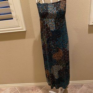 Strapless Turquoise Paisley Print Long Dress
